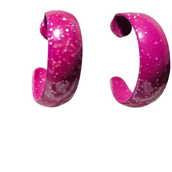 Retro 80s 90s Pink Glitter C-Shaped Hoop Earrings Statement Fashion Jewelry - Picture 2 of 4